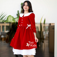 فستان بناتي مخمل أحمر بياقة بيضاء | فستان شتوي بطبقات تل - 1124 فستان بناتي مخمل أحمر بياقة بيضاء | فستان شتوي بطبقات تل - 1124