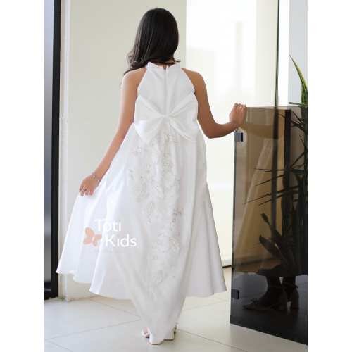 فستان بناتي أبيض بفيونكة خلفية وتطريز | فستان سهرة ملكي - 1036 فستان بناتي أبيض بفيونكة خلفية وتطريز | فستان سهرة ملكي - 1036