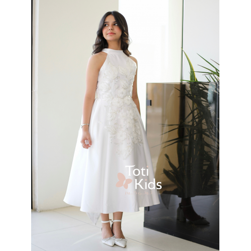 فستان بناتي أبيض بفيونكة خلفية وتطريز | فستان سهرة ملكي - 1036 فستان بناتي أبيض بفيونكة خلفية وتطريز | فستان سهرة ملكي - 1036