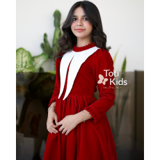 فستان بناتي مخمل أحمر بياقة كشكش | تصميم شتوي كلاسيكي - 1117 فستان بناتي مخمل أحمر بياقة كشكش | تصميم شتوي كلاسيكي - 1117