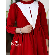 فستان بناتي مخمل أحمر بياقة كشكش | تصميم شتوي كلاسيكي - 1117 فستان بناتي مخمل أحمر بياقة كشكش | تصميم شتوي كلاسيكي - 1117