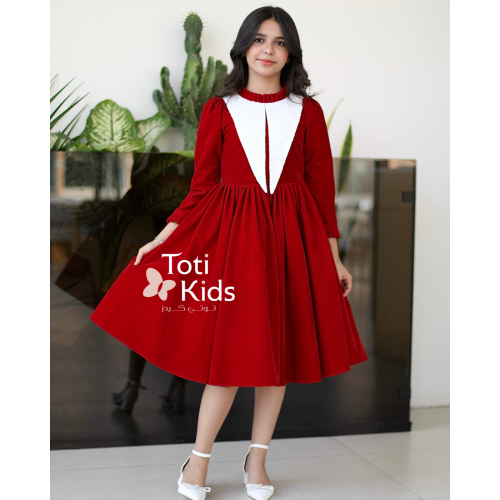 فستان بناتي مخمل أحمر بياقة كشكش | تصميم شتوي كلاسيكي - 1117 فستان بناتي مخمل أحمر بياقة كشكش | تصميم شتوي كلاسيكي - 1117