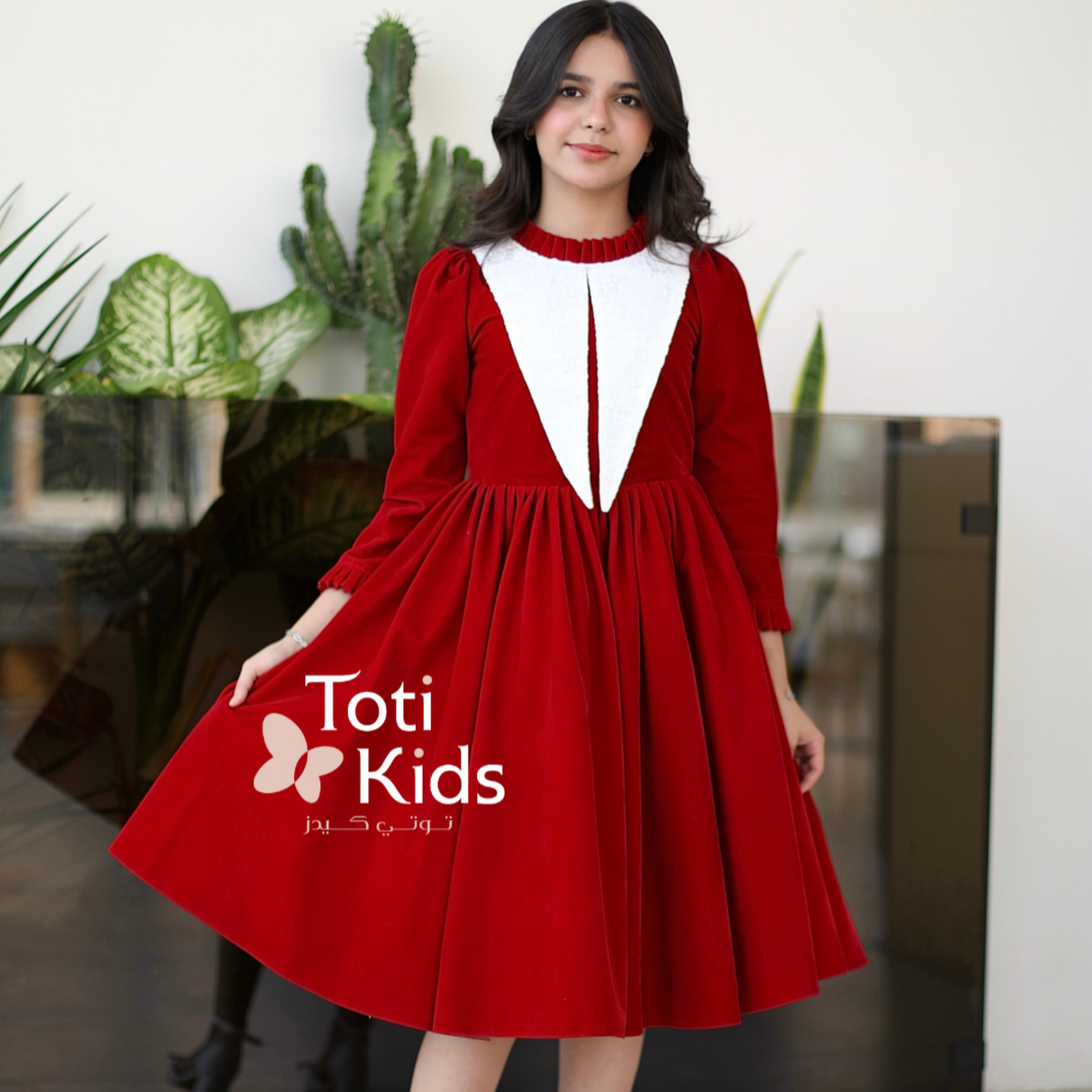 فستان بناتي مخمل أحمر بياقة كشكش | تصميم شتوي كلاسيكي - 1117
