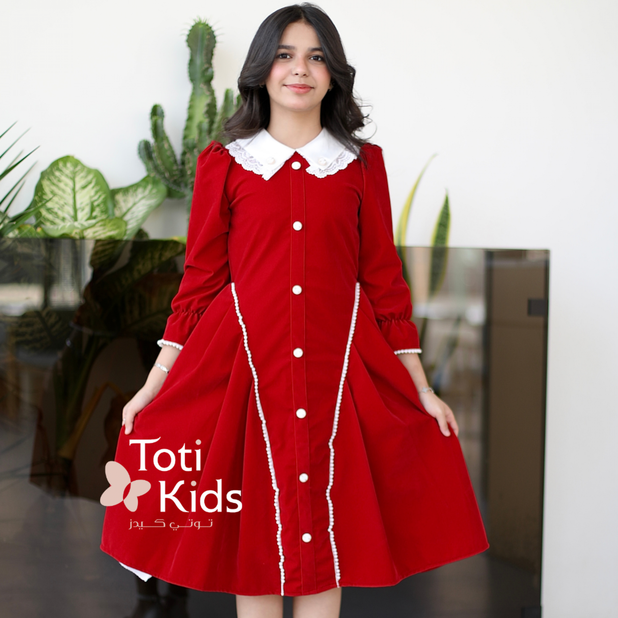 فستان بناتي مخمل بـلونين | أزرار ولؤلؤ لتصميم كلاسيكي - 1126