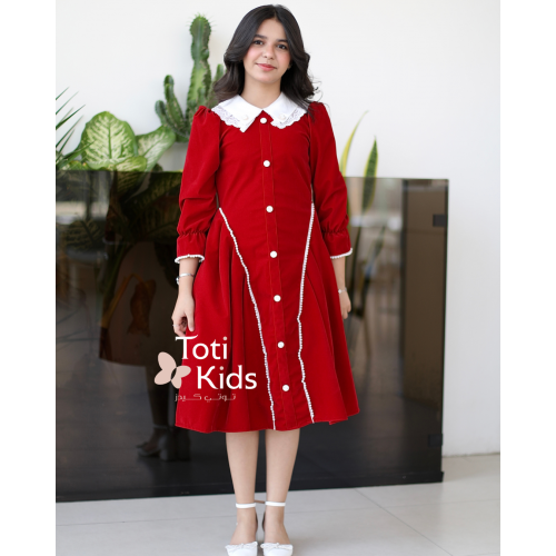 فستان بناتي مخمل بـلونين | أزرار ولؤلؤ لتصميم كلاسيكي - 1126 فستان بناتي مخمل بـلونين | أزرار ولؤلؤ لتصميم كلاسيكي - 1126