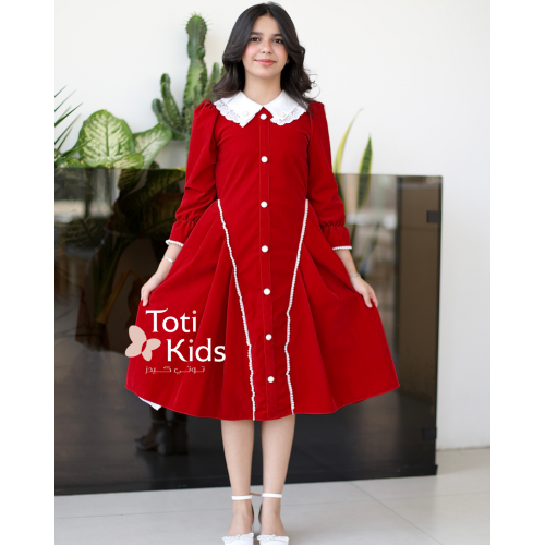 فستان بناتي مخمل بـلونين | أزرار ولؤلؤ لتصميم كلاسيكي - 1126 فستان بناتي مخمل بـلونين | أزرار ولؤلؤ لتصميم كلاسيكي - 1126