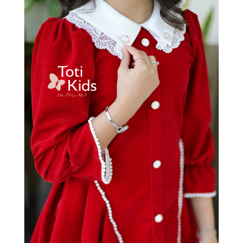 فستان بناتي مخمل بـلونين | أزرار ولؤلؤ لتصميم كلاسيكي - 1126 فستان بناتي مخمل بـلونين | أزرار ولؤلؤ لتصميم كلاسيكي - 1126