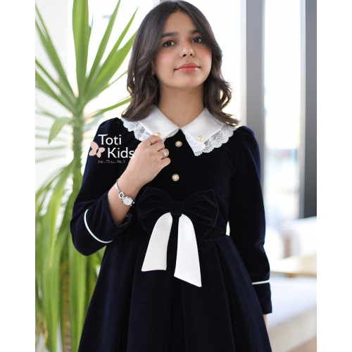 فستان بناتي مخمل بـلونين بفيونكة | تصميم كلاسيكي بتفاصيل كم مميزة- 1122 فستان بناتي مخمل بـلونين بفيونكة | تصميم كلاسيكي بتفاصيل كم مميزة- 1122