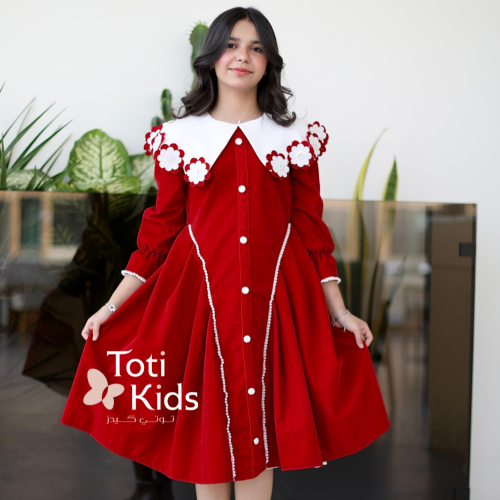 فستان بناتي مخمل بـلونين | ياقة مرصعة بالفصوص وتفاصيل لؤلؤ - 1125 فستان بناتي مخمل بـلونين | ياقة مرصعة بالفصوص وتفاصيل لؤلؤ - 1125