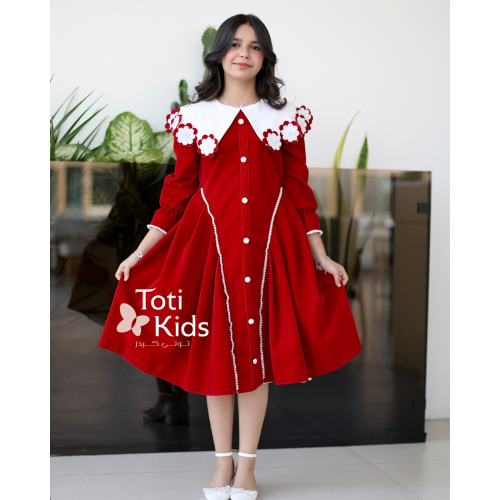 فستان بناتي مخمل بـلونين | ياقة مرصعة بالفصوص وتفاصيل لؤلؤ - 1125 فستان بناتي مخمل بـلونين | ياقة مرصعة بالفصوص وتفاصيل لؤلؤ - 1125