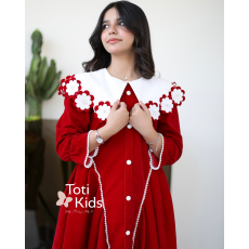 فستان بناتي مخمل بـلونين | ياقة مرصعة بالفصوص وتفاصيل لؤلؤ - 1125 فستان بناتي مخمل بـلونين | ياقة مرصعة بالفصوص وتفاصيل لؤلؤ - 1125