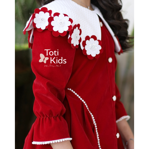 فستان بناتي مخمل بـلونين | ياقة مرصعة بالفصوص وتفاصيل لؤلؤ - 1125 فستان بناتي مخمل بـلونين | ياقة مرصعة بالفصوص وتفاصيل لؤلؤ - 1125