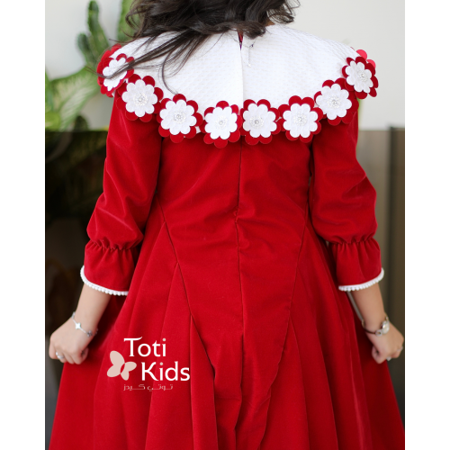 فستان بناتي مخمل بـلونين | ياقة مرصعة بالفصوص وتفاصيل لؤلؤ - 1125 فستان بناتي مخمل بـلونين | ياقة مرصعة بالفصوص وتفاصيل لؤلؤ - 1125