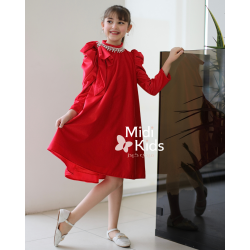 فستان بناتي مخمل أحمر ناعم | فيونكة كتف وإكسسوار رقبة فاخر - m3788 فستان بناتي مخمل أحمر ناعم | فيونكة كتف وإكسسوار رقبة فاخر - m3788