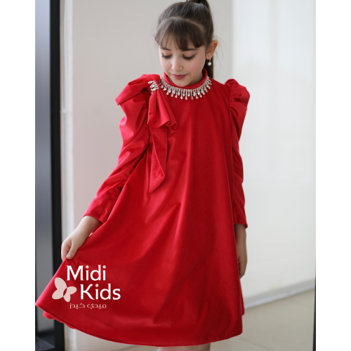 فستان بناتي مخمل أحمر ناعم | فيونكة كتف وإكسسوار رقبة فاخر - m3788 فستان بناتي مخمل أحمر ناعم | فيونكة كتف وإكسسوار رقبة فاخر - m3788