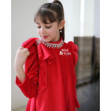 فستان بناتي مخمل أحمر ناعم | فيونكة كتف وإكسسوار رقبة فاخر - m3788 فستان بناتي مخمل أحمر ناعم | فيونكة كتف وإكسسوار رقبة فاخر - m3788