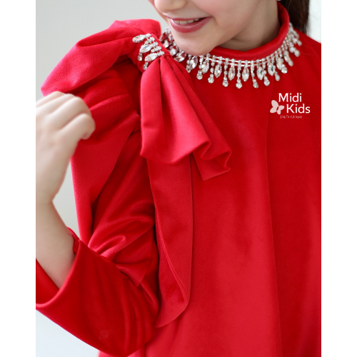 فستان بناتي مخمل أحمر ناعم | فيونكة كتف وإكسسوار رقبة فاخر - m3788 فستان بناتي مخمل أحمر ناعم | فيونكة كتف وإكسسوار رقبة فاخر - m3788