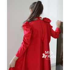 فستان بناتي مخمل أحمر ناعم | فيونكة كتف وإكسسوار رقبة فاخر - m3788 فستان بناتي مخمل أحمر ناعم | فيونكة كتف وإكسسوار رقبة فاخر - m3788