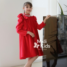 فستان بناتي مخمل أحمر ناعم | فيونكة كتف وإكسسوار رقبة فاخر - m3788 فستان بناتي مخمل أحمر ناعم | فيونكة كتف وإكسسوار رقبة فاخر - m3788