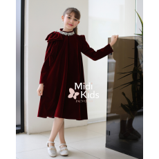 فستان بناتي مخمل عنابي جوخ | فيونكة كتف وإكسسوار رقبة فاخر - m3780