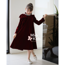 فستان بناتي مخمل عنابي جوخ | فيونكة كتف وإكسسوار رقبة فاخر - m3780