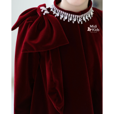 فستان بناتي مخمل عنابي جوخ | فيونكة كتف وإكسسوار رقبة فاخر - m3780