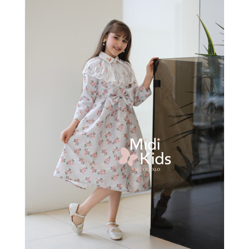 فستان بناتي مورد ناعم | فيونكة خصر أنيقة وتفاصيل رقبة ذانتيل - M3766