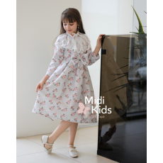 فستان بناتي مورد ناعم | فيونكة خصر أنيقة وتفاصيل رقبة ذانتيل - M3766