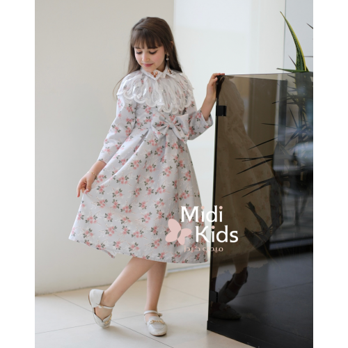 فستان بناتي مورد ناعم | فيونكة خصر أنيقة وتفاصيل رقبة ذانتيل - M3766