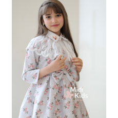 فستان بناتي مورد ناعم | فيونكة خصر أنيقة وتفاصيل رقبة ذانتيل - M3766