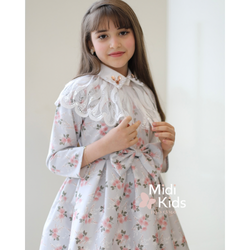 فستان بناتي مورد ناعم | فيونكة خصر أنيقة وتفاصيل رقبة ذانتيل - M3766