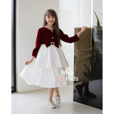 فستان بناتي مخمل أحمر | فيونكة خصر أنيقة وإكسسوار كريستالي - M3781 فستان بناتي مخمل أحمر | فيونكة خصر أنيقة وإكسسوار كريستالي - M3781