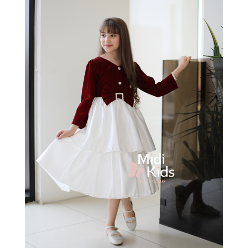 فستان بناتي مخمل أحمر | فيونكة خصر أنيقة وإكسسوار كريستالي - M3781 فستان بناتي مخمل أحمر | فيونكة خصر أنيقة وإكسسوار كريستالي - M3781