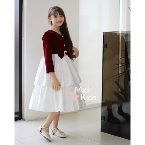 فستان بناتي مخمل أحمر | فيونكة خصر أنيقة وإكسسوار كريستالي - M3781 فستان بناتي مخمل أحمر | فيونكة خصر أنيقة وإكسسوار كريستالي - M3781