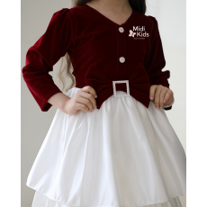 فستان بناتي مخمل أحمر | فيونكة خصر أنيقة وإكسسوار كريستالي - M3781 فستان بناتي مخمل أحمر | فيونكة خصر أنيقة وإكسسوار كريستالي - M3781