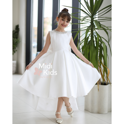 فستان سهرة ميكادو فاخر | ذيل مرصع وقصة ظهر مميزة مع فيونكة - m3778