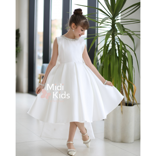 فستان سهرة ميكادو فاخر | ذيل مرصع وقصة ظهر مميزة مع فيونكة - m3778