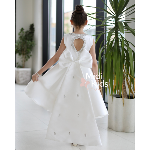 فستان سهرة ميكادو فاخر | ذيل مرصع وقصة ظهر مميزة مع فيونكة - m3778