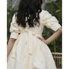 فستان بناتي أصفر مورد | تصميم ياقة وأكمام مرصعة بالفصوص - 1137