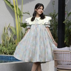 فستان بناتي سداسي ملون | تصميم مفتوح الخصر ودلعة صفراء - 1182