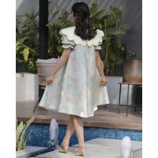 فستان بناتي سداسي ملون | تصميم مفتوح الخصر ودلعة صفراء - 1182