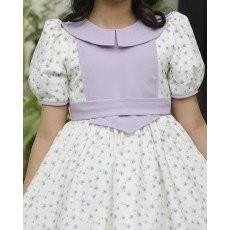 فستان بناتي زهور بنفسجي | تصميم بقطعة صدر منسدلة وحزام - 1140