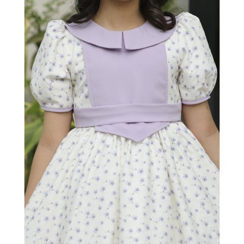 فستان بناتي زهور بنفسجي | تصميم بقطعة صدر منسدلة وحزام - 1140