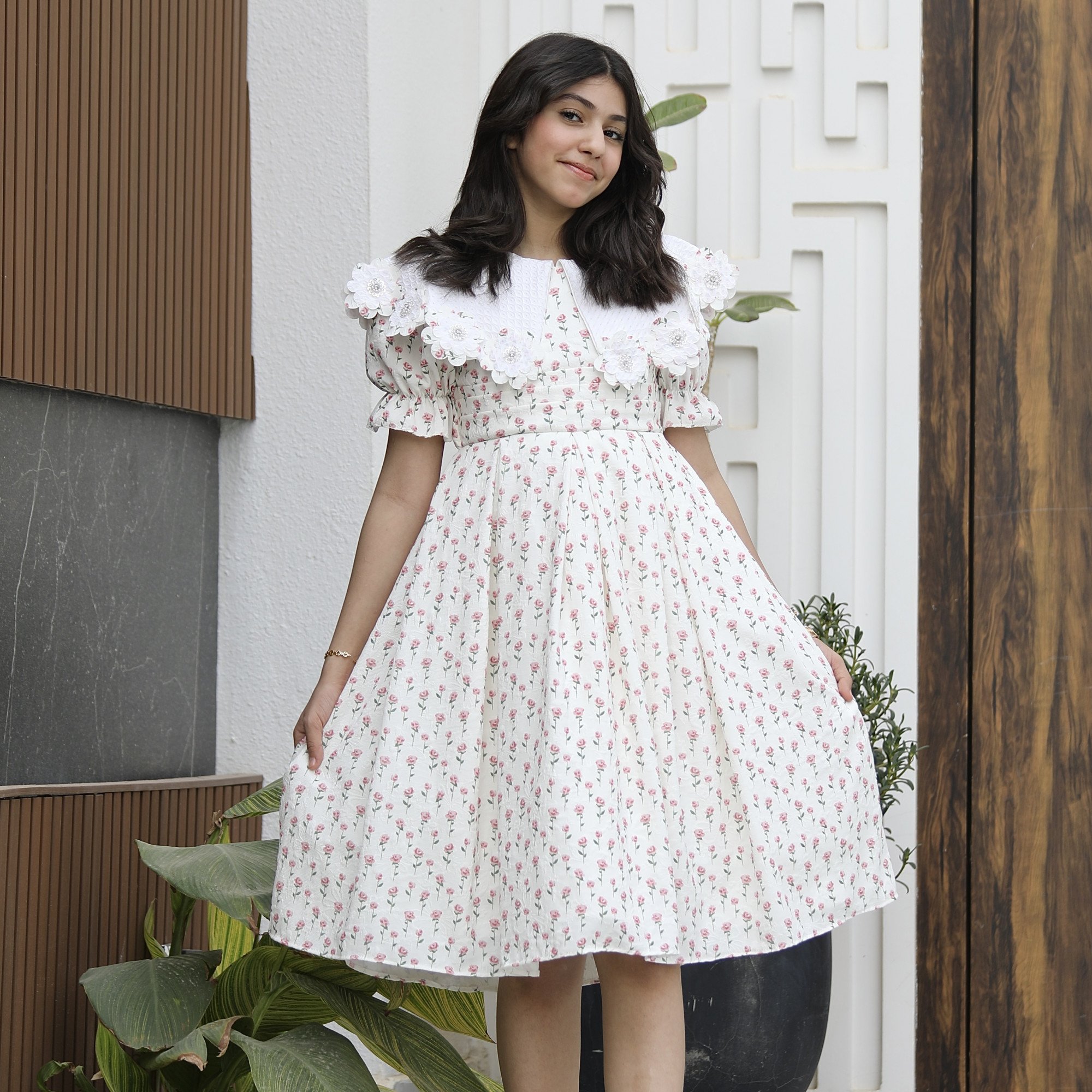 فستان بناتي مورد بطبقات | تصميم زهور الربيع بياقة مرصعة - 1180