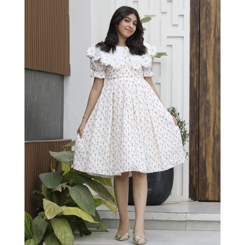 فستان بناتي مورد بطبقات | تصميم زهور الربيع بياقة مرصعة - 1180 فستان بناتي مورد بطبقات | تصميم زهور الربيع بياقة مرصعة - 1180