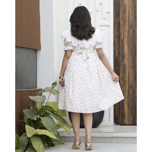 فستان بناتي مورد بطبقات | تصميم زهور الربيع بياقة مرصعة - 1180