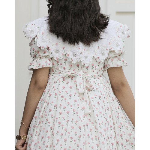 فستان بناتي مورد بطبقات | تصميم زهور الربيع بياقة مرصعة - 1180