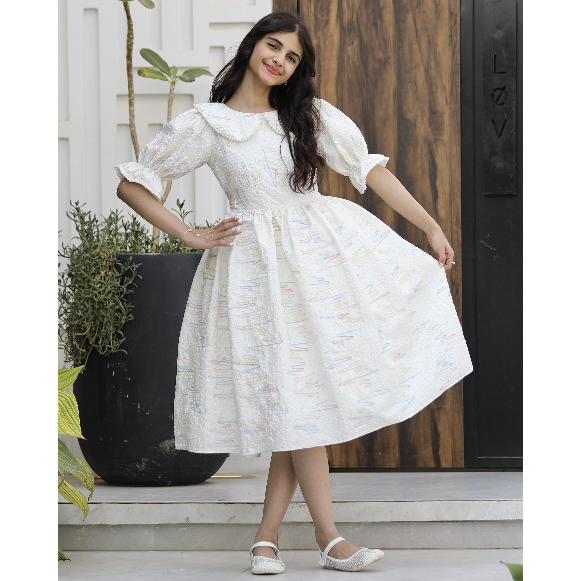 فستان بناتي ملكي مستوحى من المهرجانات | تصميم خطوط ملونة وخصر مرصع - 1144