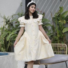 فستان بناتي أصفر مشجر | ياقة وأزرار مرصعة بالفصوص - 1136 فستان بناتي أصفر مشجر | ياقة وأزرار مرصعة بالفصوص - 1136