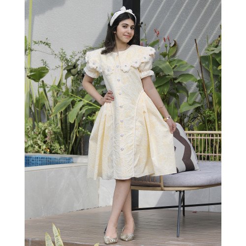 فستان بناتي أصفر مشجر | ياقة وأزرار مرصعة بالفصوص - 1136 فستان بناتي أصفر مشجر | ياقة وأزرار مرصعة بالفصوص - 1136